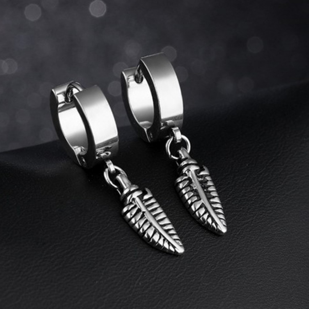 Feather Leaves Dangle Huggie Hinge earrings - Picture 3 of 8